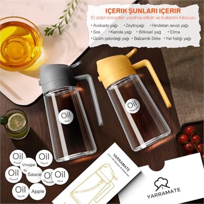 YARRAMATE Zeytinyağı Dispenseri, Yemek Pişirme için 2si 1 Arada Püskürtücü, 470ml Cam Püskürtme Şişesi, Mutfak, Salata, Kızartma, Barbekü için Gıda Sınıfı Yağ Dağıtıcı ve Yağ（gri） | Gıda sınıfı dağıt
