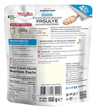 yayla 150 gr Haşlanmiş Suyu Süzülmüş Fasulye Tekli Paket