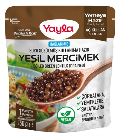 Yayla Haşlanmiş Suyu Süzülmüş Yeşil Mercimek 150 G Tekli Paket