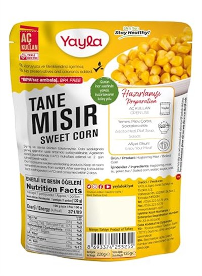 yayla Haşlanmış Tane Mısır, 220 gr Tekli Paket