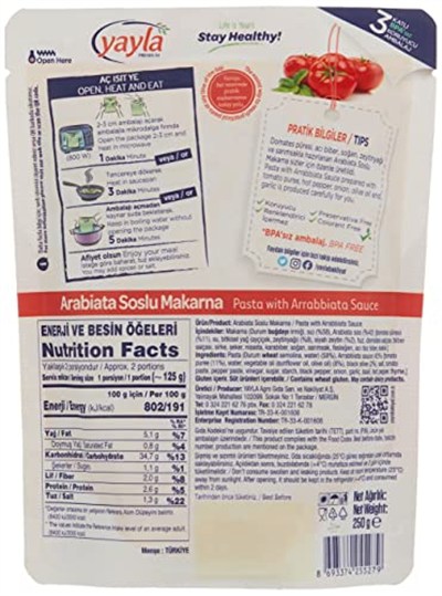 Yayla Hazır Arabiata Soslu Makarna 250 Gr Tekli Paket