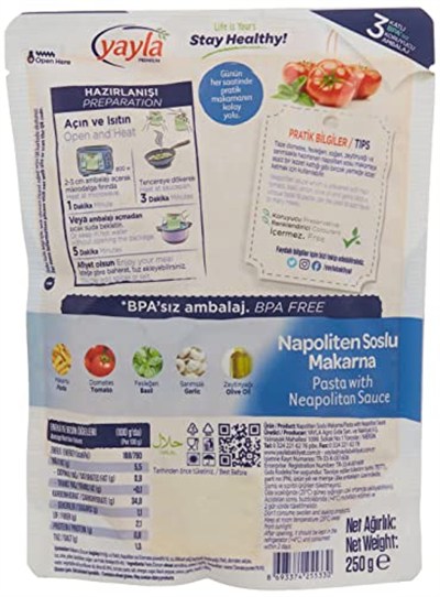 yayla Hazır Napoliten Soslu Makarna 250 gr Tekli Paket