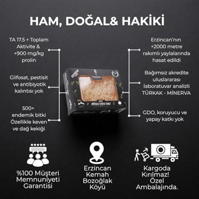 Yegens 500 Gr Hakiki Petekli Çiçek Balı | TA17.5+ | 900 Prolin | Erzincan - Kemah | Doğal Petekli Çiçek Balı