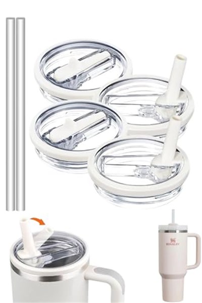 Yenigeldi 2 Adet Flip Pipetli Kapak – Stanley Quencher ile Uyumlu 40 Oz – Sızdırmaz Kapak + 2 Pipet – Krem Renk