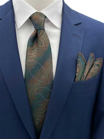 Yeşil Açık Kahve Mavi Şal Desen Kravat Mendil Set