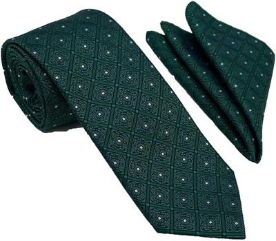 Yeşil Beyaz Kare Motif Desen Kravat Mendil Set