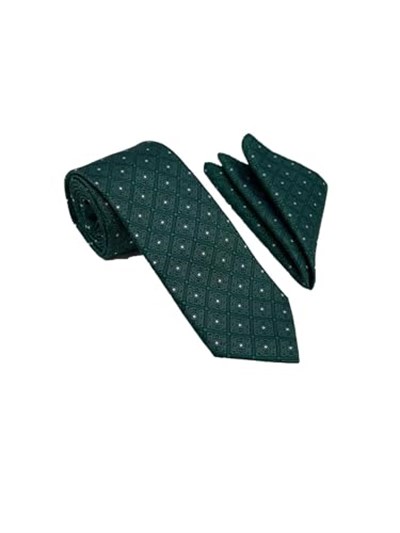 Yeşil Beyaz Kare Motif Desen Kravat Mendil Set
