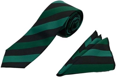 Yeşil Siyah Çizgili Kravat Mendil Set