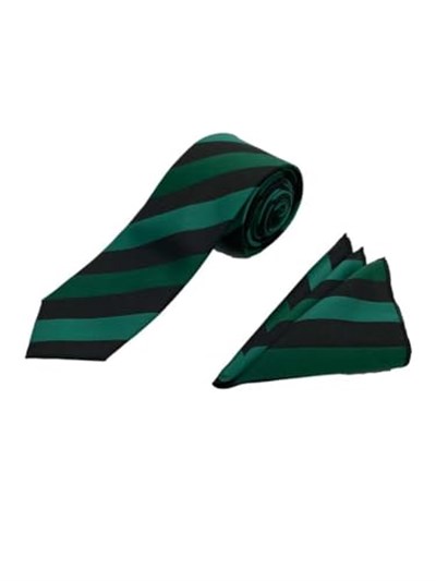 Yeşil Siyah Çizgili Kravat Mendil Set