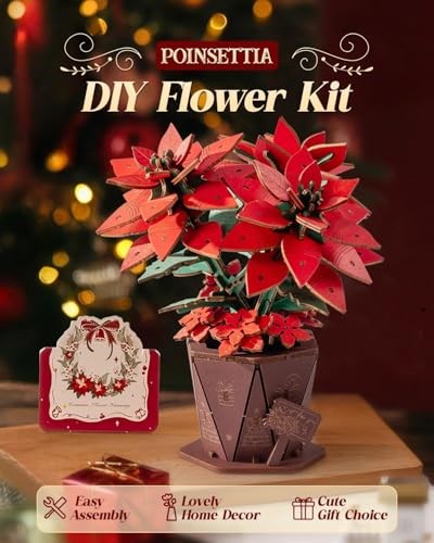 Yetişkinler için 3D çiçek ahşap yapboz, Noel yıldızı, kendin yap ahşap çiçekler, model seti, yetişkinler için el işi, botanik koleksiyon/ideal yaratıcı hediye / yeni eve taşınma kutlaması (153