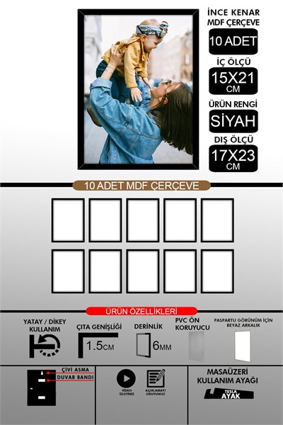 yhfoto 10 Adet 15x21 İnce Çıtalı A5 Siyah 6mm Fotoğraf Siyah