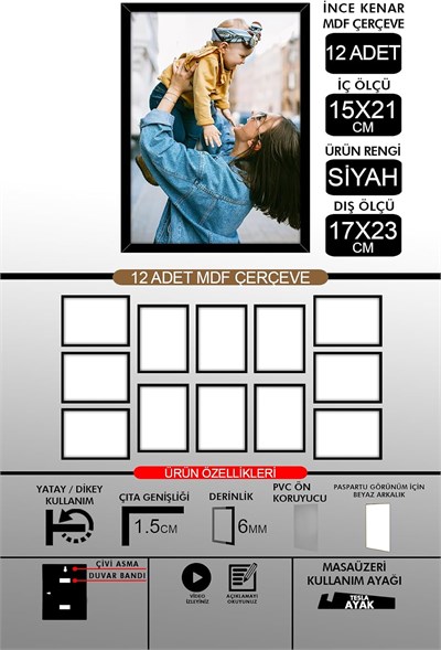 yhfoto 12 Adet 15x21 İnce Çıtalı A5 Siyah 6mm Fotoğraf Siyah