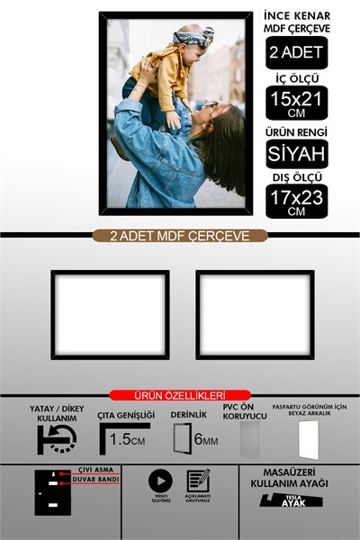 yhfoto 2 Adet 15x21 İnce Çıtalı A5 Siyah 6mm Fotoğraf Siyah