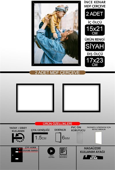 yhfoto 2 Adet 15x21 İnce Çıtalı A5 Siyah 6mm Fotoğraf Siyah