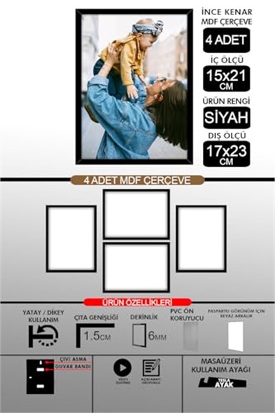 yhfoto 4 Adet 15x21 İnce Çıtalı A5 Siyah 6mm Fotoğraf Siyah