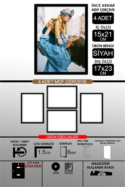 yhfoto 4 Adet 15x21 İnce Çıtalı A5 Siyah 6mm Fotoğraf Siyah