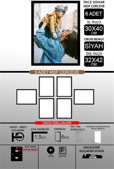 yhfoto 6 Adet 30x40 İnce Çıtalı A3 Siyah 6mm Fotoğraf Siyah