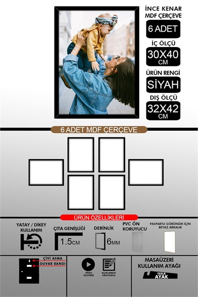 yhfoto 6 Adet 30x40 İnce Çıtalı A3 Siyah 6mm Fotoğraf Siyah