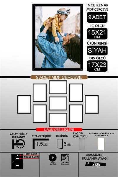 yhfoto 9 Adet 15x21 İnce Çıtalı A5 Siyah 6mm Fotoğraf Siyah