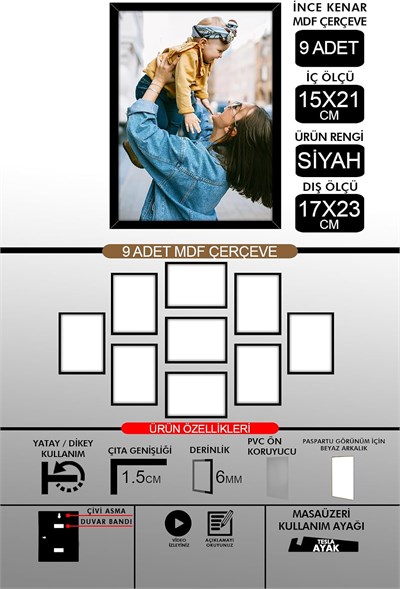 yhfoto 9 Adet 15x21 İnce Çıtalı A5 Siyah 6mm Fotoğraf Siyah