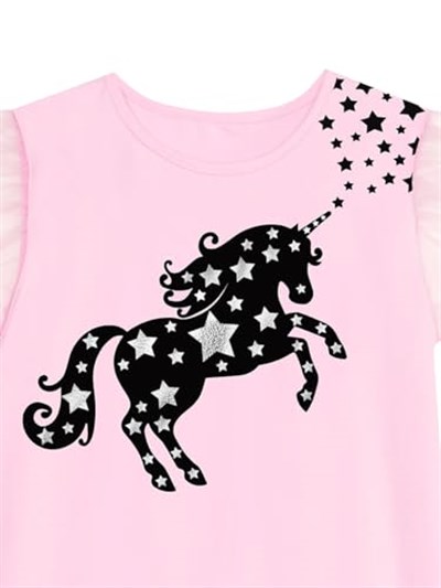 Yıldızlı Unicorn Kız Çocuk Pembe Tüllü Elbise