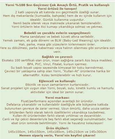 Yorni Su Geçirmez Yer/Masa Örtüsü, Aktivite, Yemek ve Oyun İçin, Doğa Dostu ve Çevreci, Ekoteks Sertifikalı,%100 Polyester, Family, 150x - Seçenekler: 150 x 100 cm (Dikdörtgen), 150 x 150 cm (Kare)...
