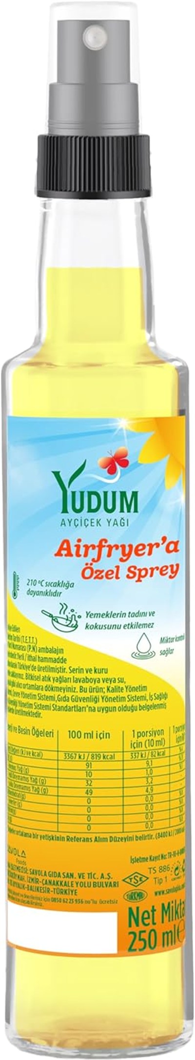 Yudum Ayçiçek Airfryera Özel 250 ml Sprey Yağı Cam