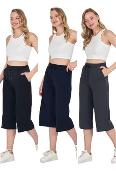 Yüksek Bel Cepli Rahat Kesim Mevsimlik Kadın Diz Altı 3lü Bermuda Siyah-Lacivert-Antrasit Kapri Şort - Bedenler: 3XL, 4XL, XS, S, M, L, XX-Large, XL