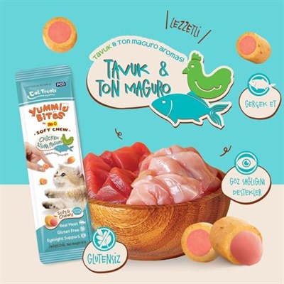 Yummie Bites Yumuşak Çiğnenebilir Kedi Ödülü Tavuk ve Mavi Yüzgeçli Orkinos Aromalı