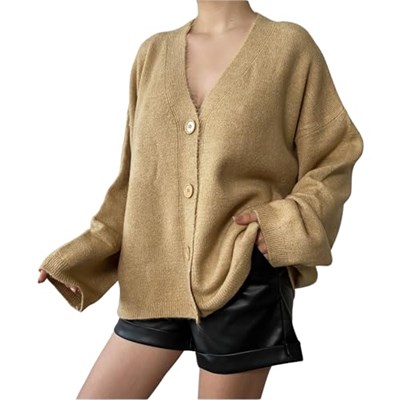 Yumoş V Yaka Düğmeli Oversize Triko Kadın Hırka 24106