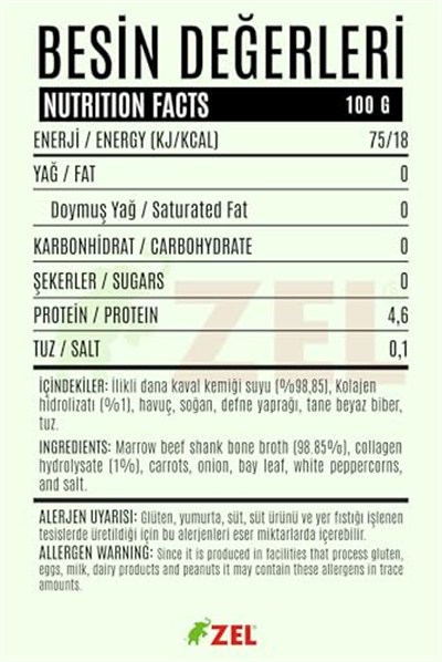 ZEL Kolajen Takviyeli İlikli Dana Kemik Suyu 480 ml – 14 Saat Kaynatılmış, 10.000 ppm Kolajen, Katkısız