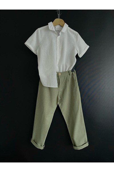 Zelhankids%100 ORGANİK KETEN GÖMLEK VE PANTOLON TAKIM BEYAZ 5-6 Yaş