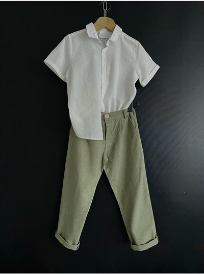 Zelhankids%100 ORGANİK KETEN GÖMLEK VE PANTOLON TAKIM BEYAZ 3-4 Yaş