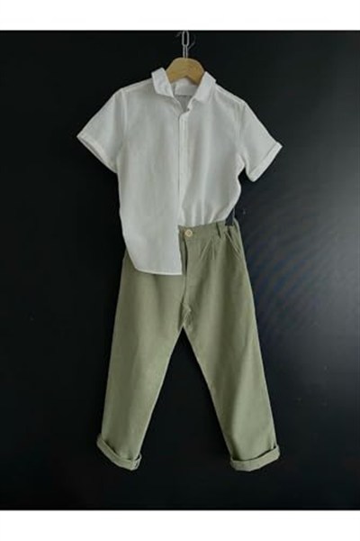 Zelhankids%100 ORGANİK KETEN GÖMLEK VE PANTOLON TAKIM BEYAZ 5-6 Yaş