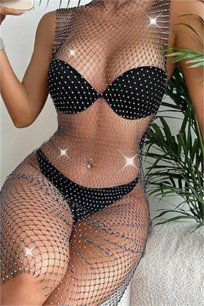 Zeyna Kadın Taşlı Geniş File Fantezi Elbise/Plaj Elbisesi Siyah Standart