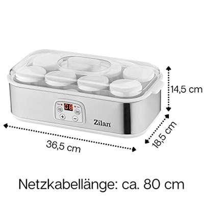 Zilan Yoğurt makinesi, yoğurt makinesi, 1,44 litre, 8 cam şişe, her biri 180 ml, dijital ekran, 20 – 55 °C sıcaklık ayarı, yoğurt hazırlayıcı, beyaz