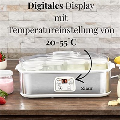 Zilan Yoğurt makinesi, yoğurt makinesi, 1,44 litre, 8 cam şişe, her biri 180 ml, dijital ekran, 20 – 55 °C sıcaklık ayarı, yoğurt hazırlayıcı, beyaz
