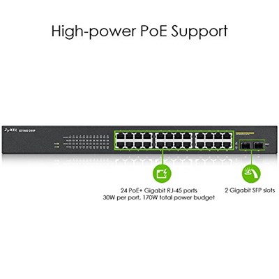 Zyxel 24-Port 10/100/1000 Gigabit PoE Switch | Smartmanaged | Rack Mount | 24 PoE + Port | 170 Watt | 2 SFP Port | VLAN, IGMP, QoS [GS1900-24HP]