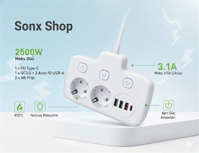 2500W Güçlü Akım Korumalı 3 USB + Type-C Portlu Çoklu Priz | Hızlı Şarj, Çocuk Kilidi, 850°C Yanmaz Malzeme