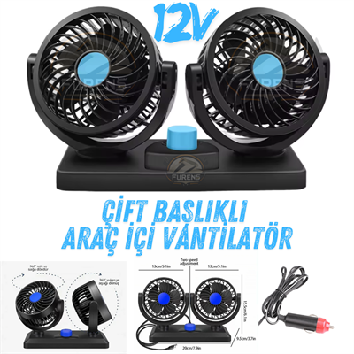 Araç İçi Vantilatör 360° Dönebilen Torpido Üstü Çift Başlıklı Vantilatör 12v Uyumlu Soğutucu Fan Siyah