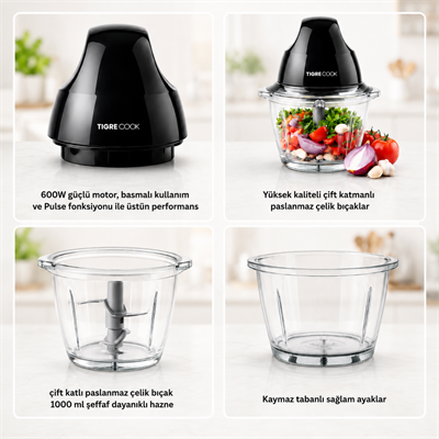 Instantchopper FIT  1L Cam Hazneli Et Kıyma & Sebze Rondo Doğrayıcı ÇİFT  ÇELİK BIÇAK 600W 