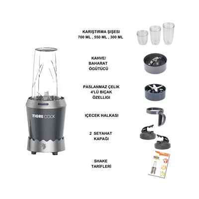 NUTRISHAKE 3 in 1 Paslanmaz Çelik Bıçaklı Kişisel Smoothie Blender ve Kahve Baharat Öğütücü 1000 GRi