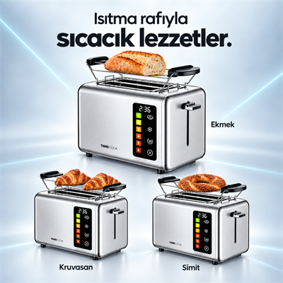 TIGRECOOK 2 Dilim Kapasiteli Dokunmatik Ekmek Kızartma Makinesi – 2 Tost Aparatı ve Ekmek Isıtma Rafı Dahil