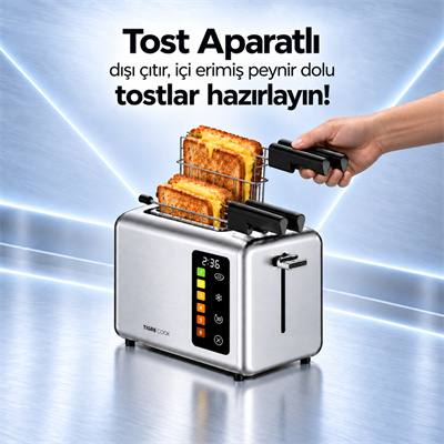 TIGRECOOK 2 Dilim Kapasiteli Dokunmatik Ekmek Kızartma Makinesi – 2 Tost Aparatı ve Ekmek Isıtma Rafı Dahil