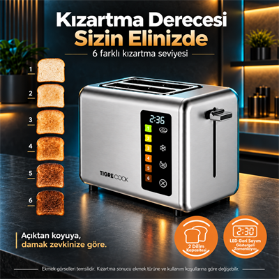TIGRECOOK 2 Dilim Kapasiteli Dokunmatik Ekmek Kızartma Makinesi – 2 Tost Aparatı ve Ekmek Isıtma Rafı Dahil