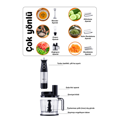 TIGRECOOK Mutfak Robotu – El Blenderı, Doğrayıcı, Rende ve Çırpıcı Seti 1800W