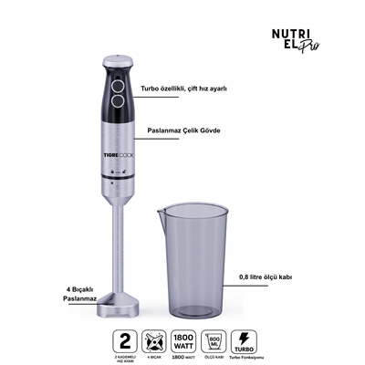TIGRECOOK Turbo Çubuk El Blenderi – 1800W, 4 Bıçaklı Paslanmaz Çelik, Karıştırma Kabı 