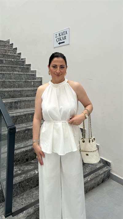 KETEN HALTER YAKA BELDEN BAĞLAMA BLUZ PANTOLON TAKIM BEYAZ