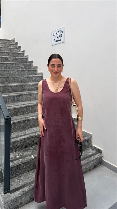 MÜRDÜM TENSEL KUMAŞ KOLSUZ ELBİSE