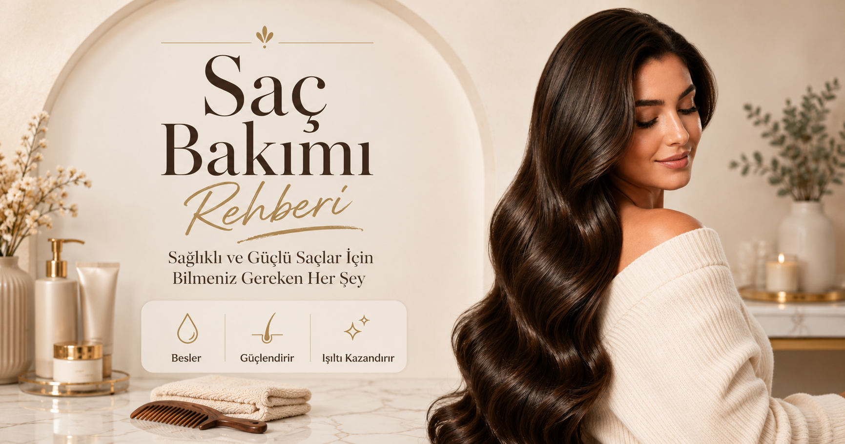 Saç bakımı rehberi,sağlıklı saçlar ve güçlü saçlar için şampuan,saç maskesi ve saç serumu bakım görseli